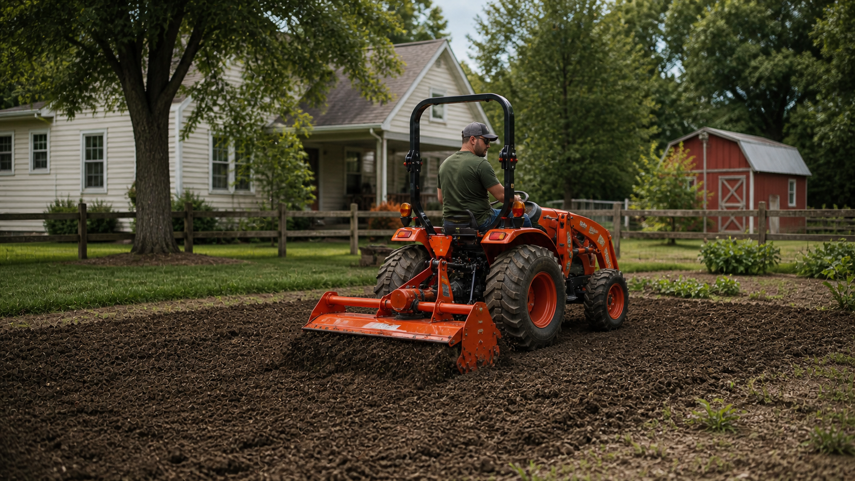 Compact tractor tilling a garden plot on a small farm property